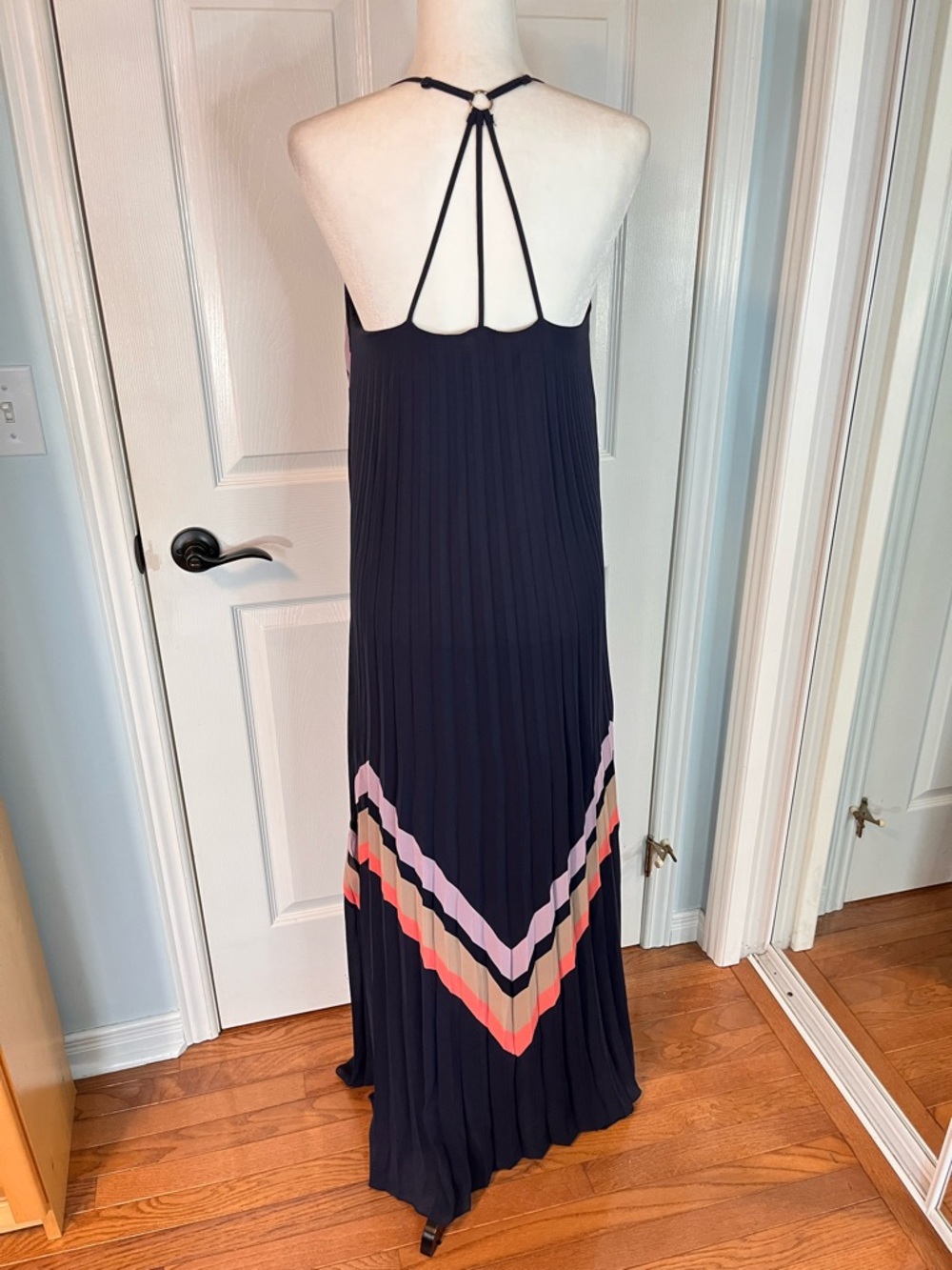 Y.A.S. Navy Chevron Pleated Maxi Dress Medium Pink Coral Beige Boho Chic - Picture 3 of 14